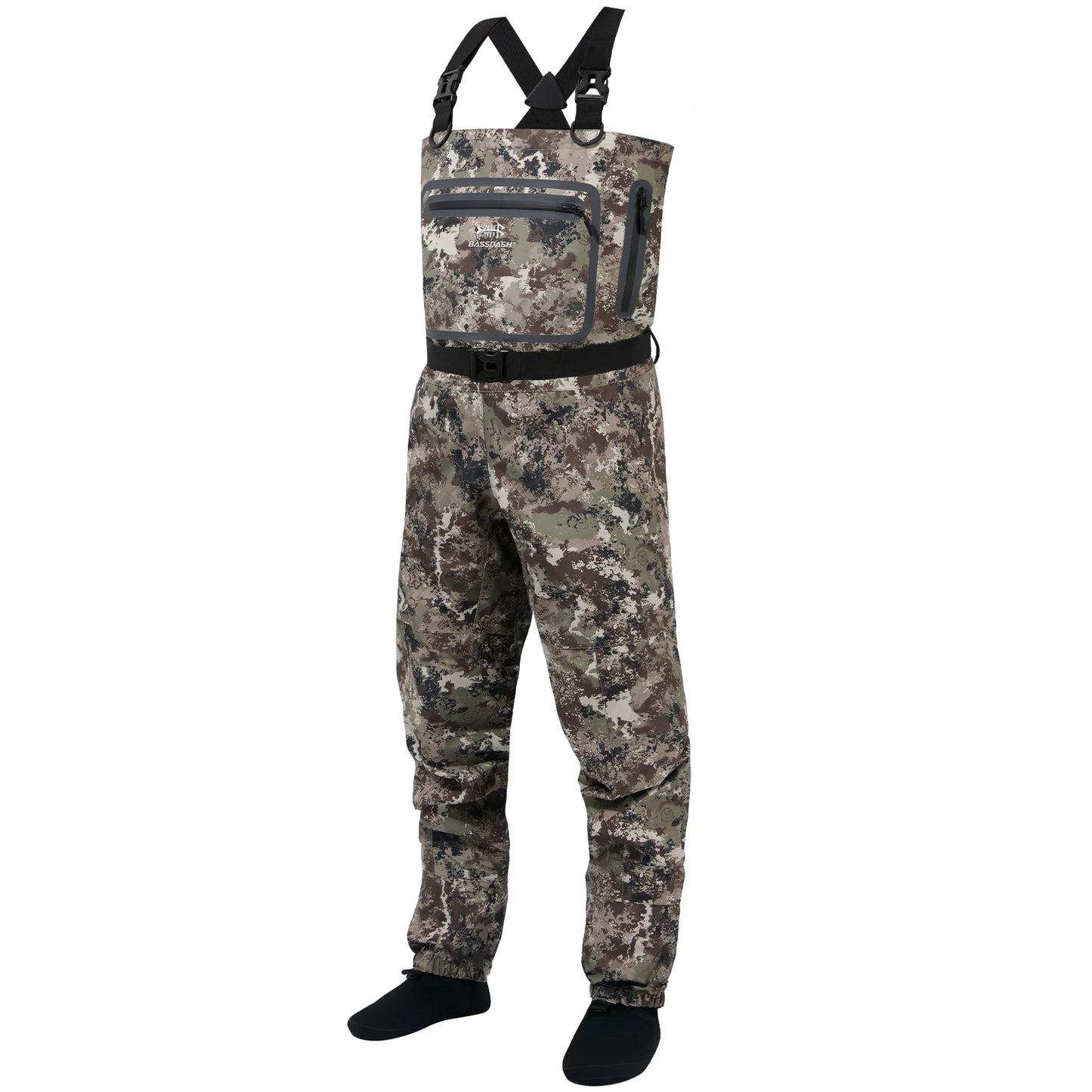 🦅 BASSDASH Men’s Breathable Chest Waders – Lightweight Black Camo Stockingfoot