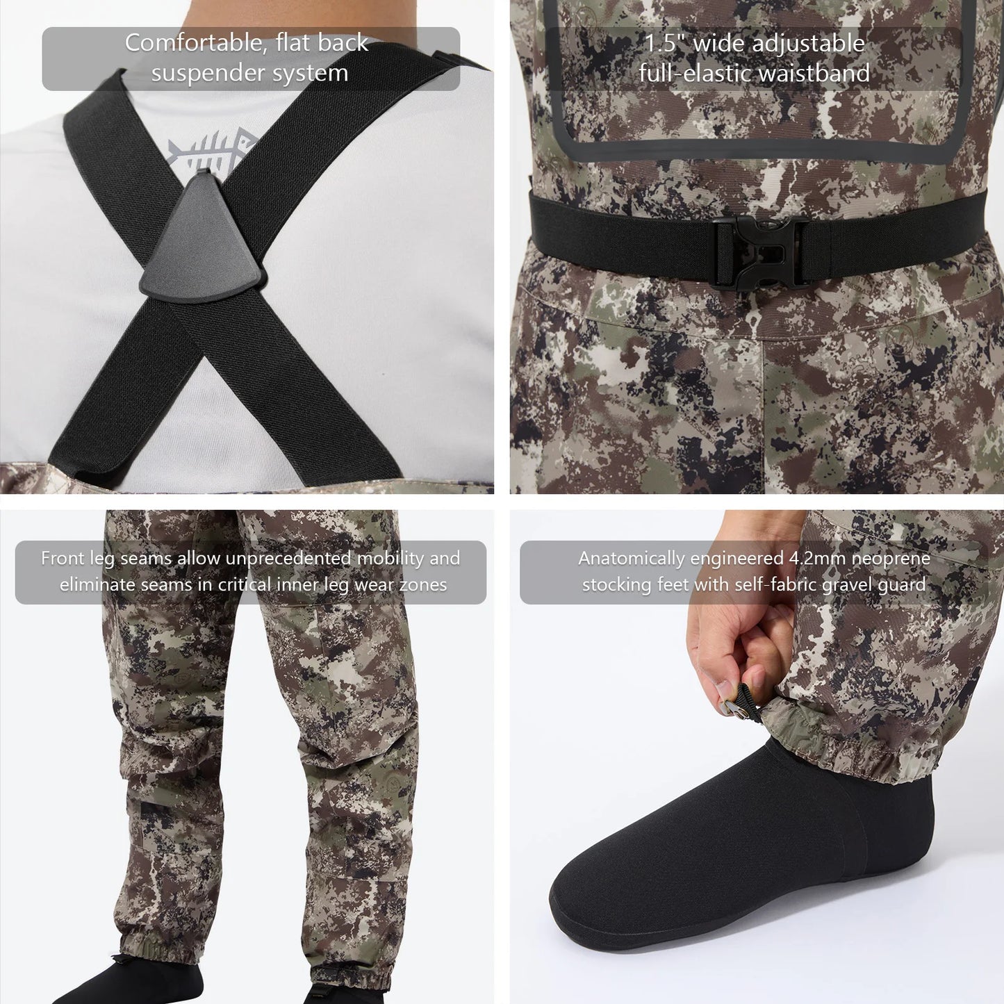 🦅 BASSDASH Men’s Breathable Chest Waders – Lightweight Black Camo Stockingfoot