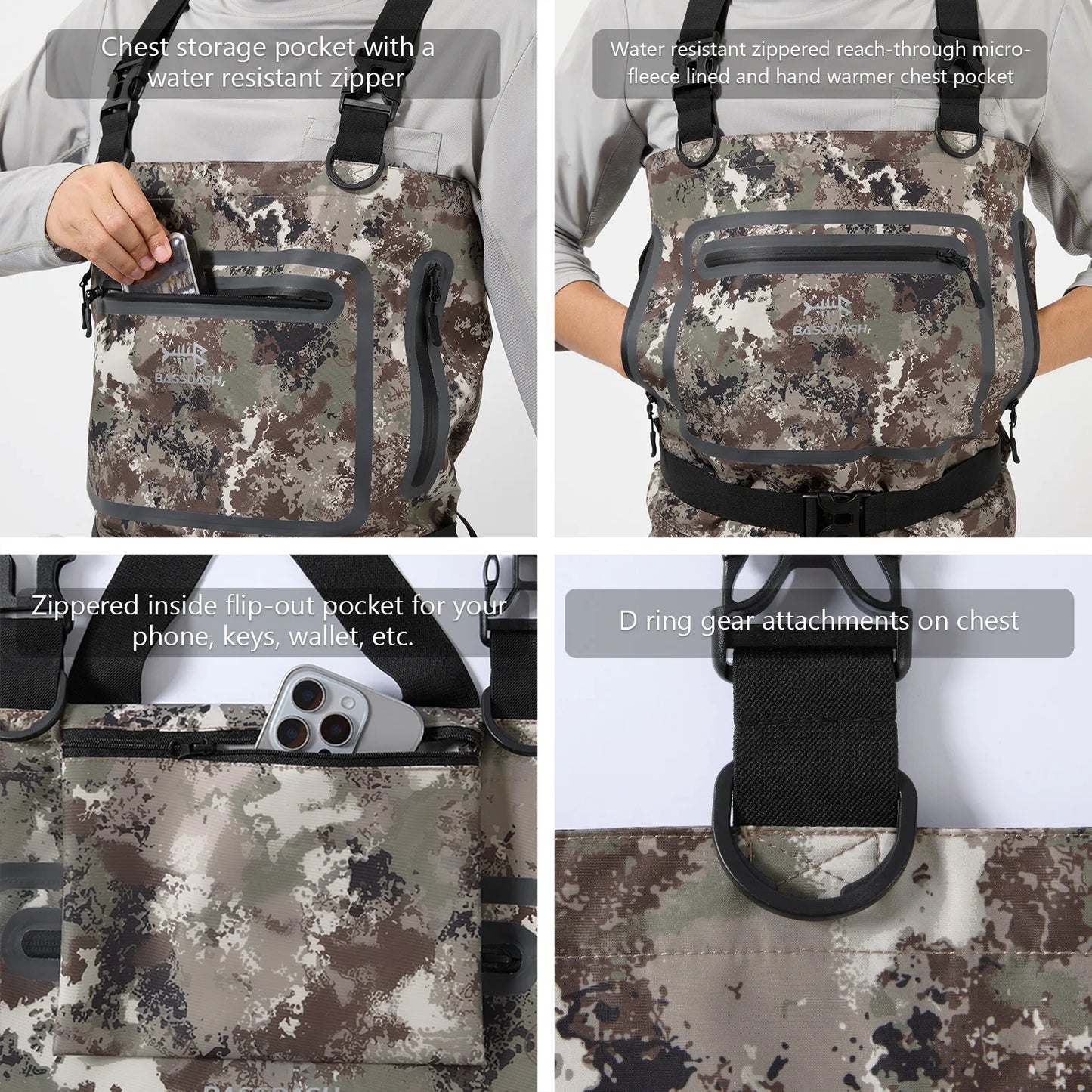 🦅 BASSDASH Men’s Breathable Chest Waders – Lightweight Black Camo Stockingfoot